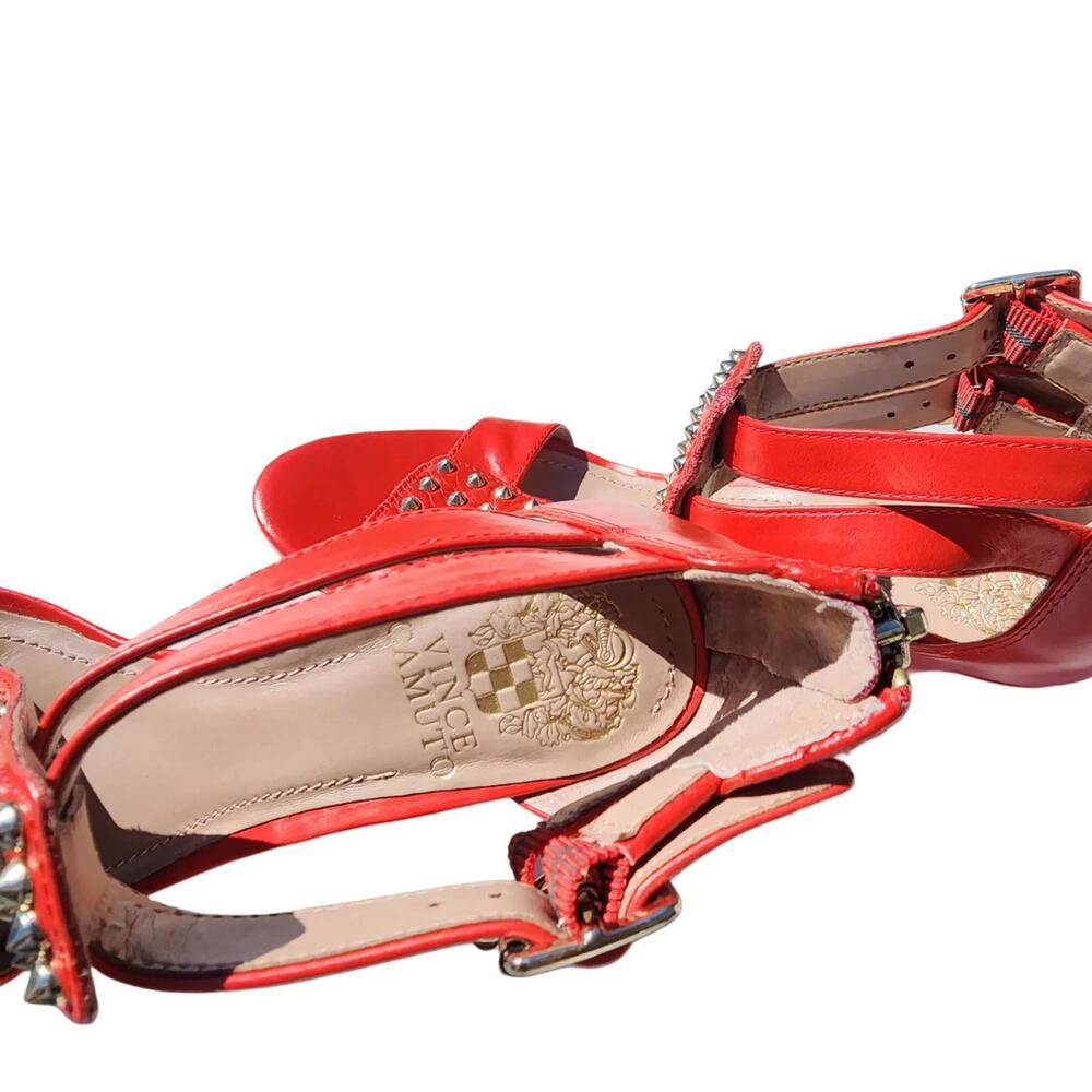 Vince Camuto. Y2K, Red Leather T-Strap Sandals with Metal Studs | Size: 6.5 - Picture 9 of 9